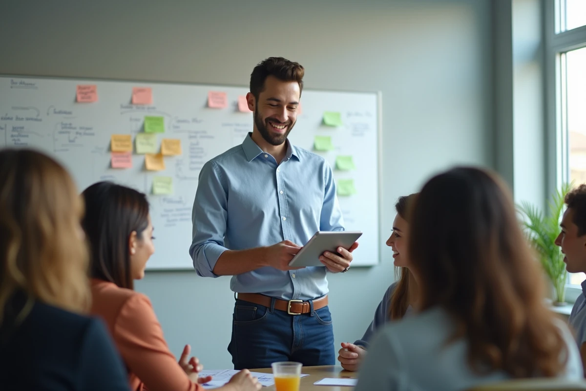 Jeune homme en casual montre une application client