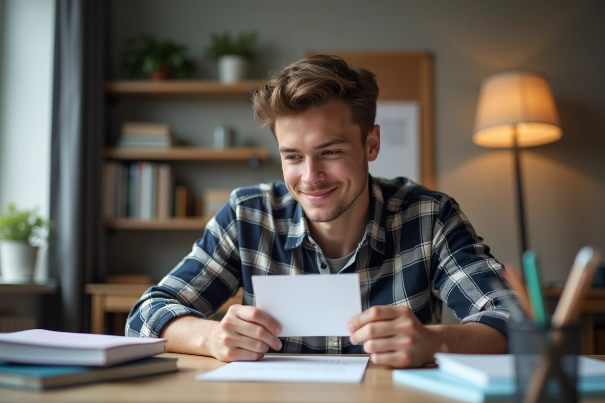 Jeune homme en plaid examine une lettre sur son bureau
