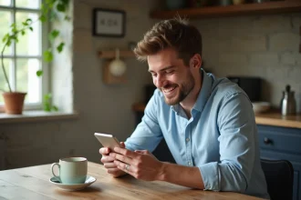 Jeune homme souriant avec smartphone dans une cuisine chaleureuse