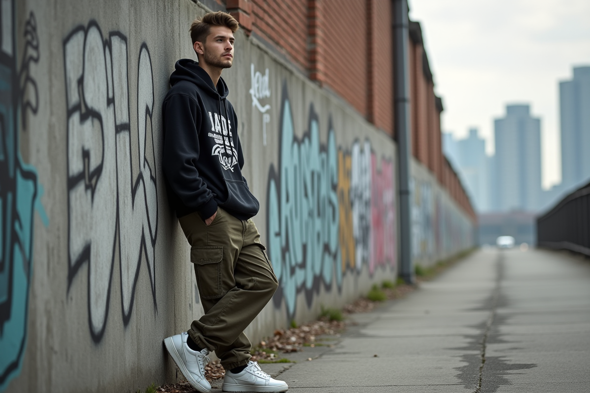 Jeune homme en streetwear urbain dans la ville