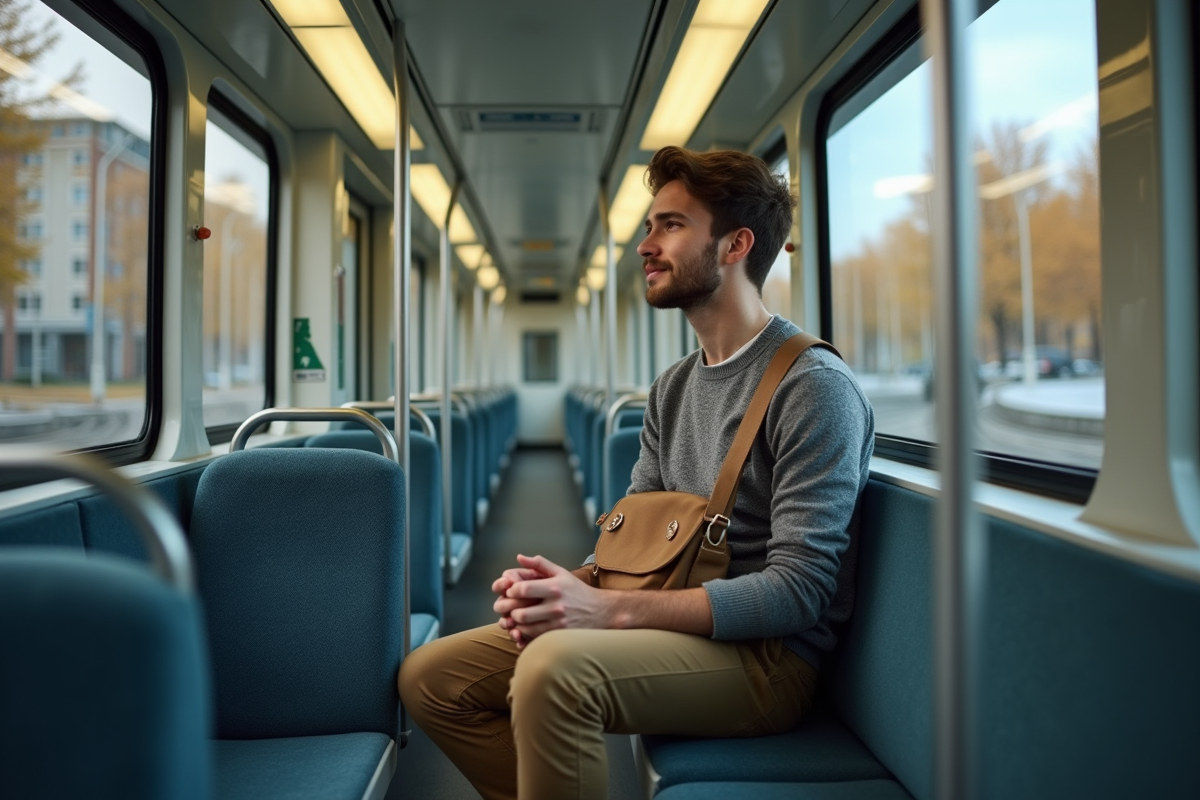 Jeune homme dans un tram électrique regardant par la fenêtre