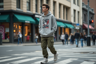 Jeune homme en mode urbain marche dans la ville