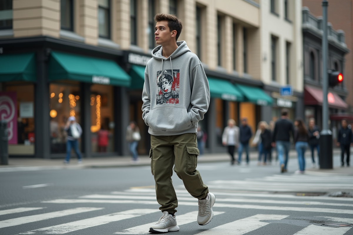 Jeune homme en mode urbain marche dans la ville