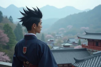 Jeune homme contemplant un village japonais depuis un balcon