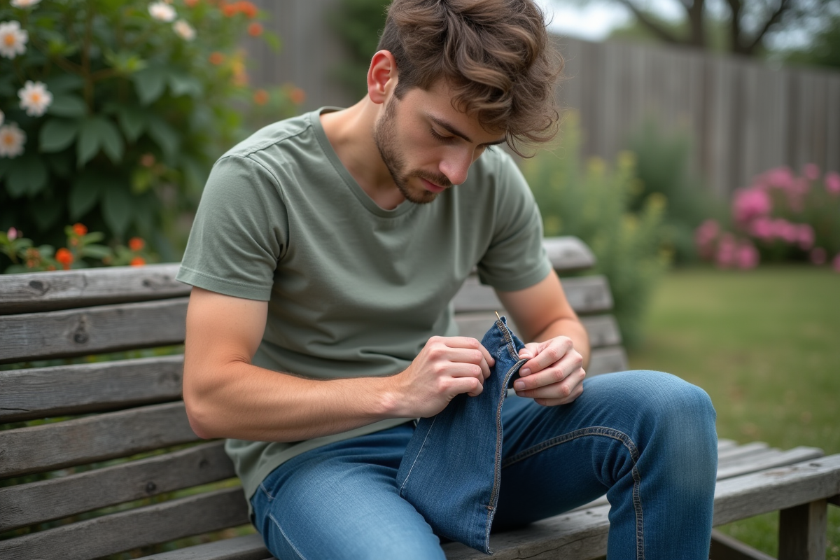Jeune homme cousant un jean dans un jardin