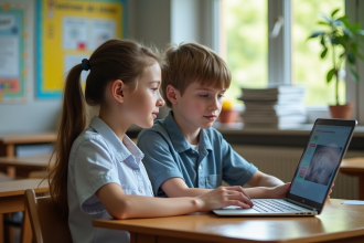 Adolescents collaborant sur un ordinateur avec MBN en classe