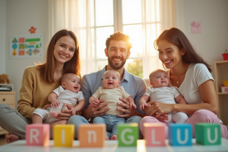 Jeunes parents souriants dans une nurserie lumineuse avec bébé et blocs colorés