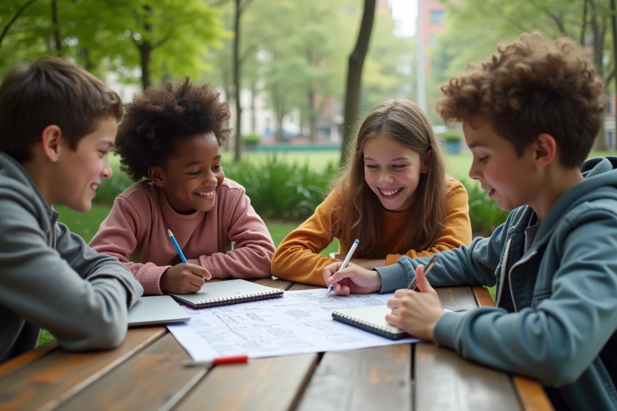 Jeunes résolvant un puzzle en plein air au parc
