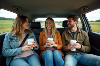 Trois jeunes adultes riant dans une voiture en campagne