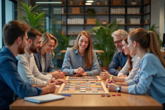 Groupe d'adultes jouant à un jeu de société au bureau