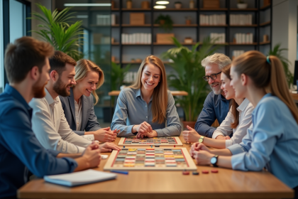 Groupe d'adultes jouant à un jeu de société au bureau