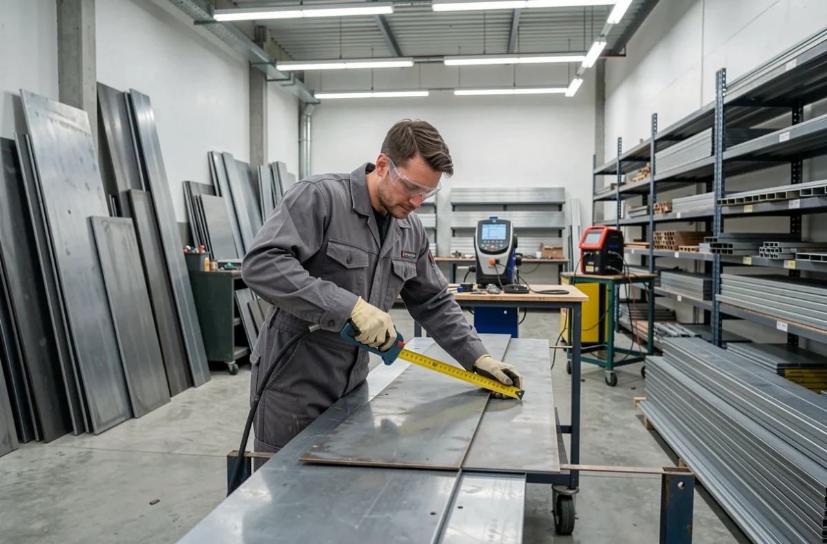 Technicien de JK Metal découpant de l'acier dans un atelier de métallurgie moderne dans le Cher