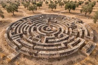 Vue aérienne d'un labyrinthe antique en pierre calcaire inspiré de la mythologie grecque, au cœur d'un paysage méditerranéen sec