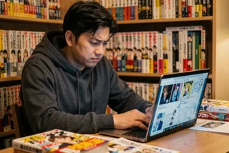 Jeune homme confus devant des scans manga Demon Slayer sur son ordinateur portable, entouré de volumes manga sur un bureau en bois