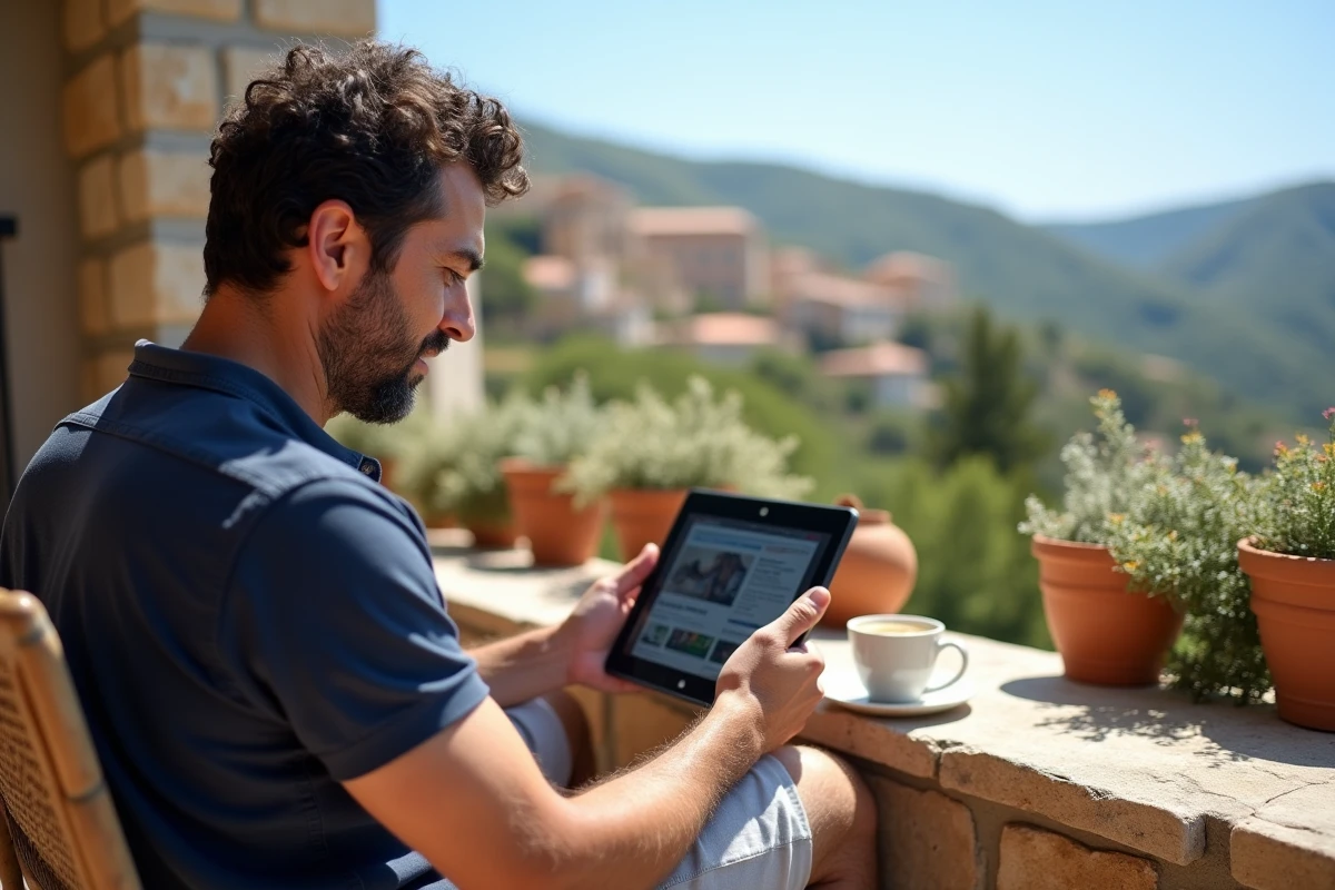 Homme consultant un agrégateur d'actualités corses sur une terrasse avec vue sur un village de montagne en Corse