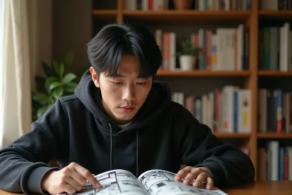 Jeune homme lisant un volume de manga Black Clover sur son bureau entouré de nombreux mangas