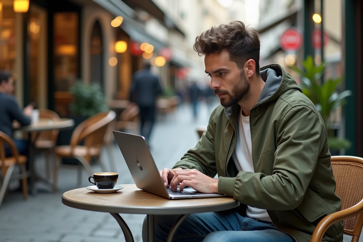Homme lisant des mangas en ligne sur un ordinateur portable à la terrasse d'un café parisien avec un expresso