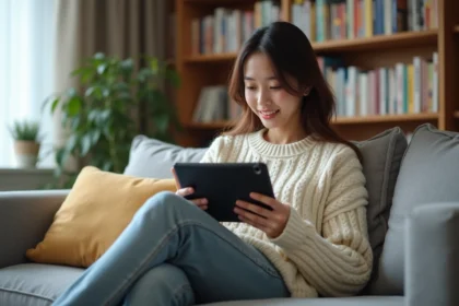 Jeune femme lisant des mangas sur une tablette numérique dans son appartement, confortablement installée sur un canapé gris avec des étagères de mangas en arrière-plan