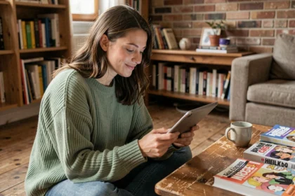 Jeune femme lisant un webtoon Just Friends sur tablette dans un appartement cosy, comparatif plateformes de lecture FR