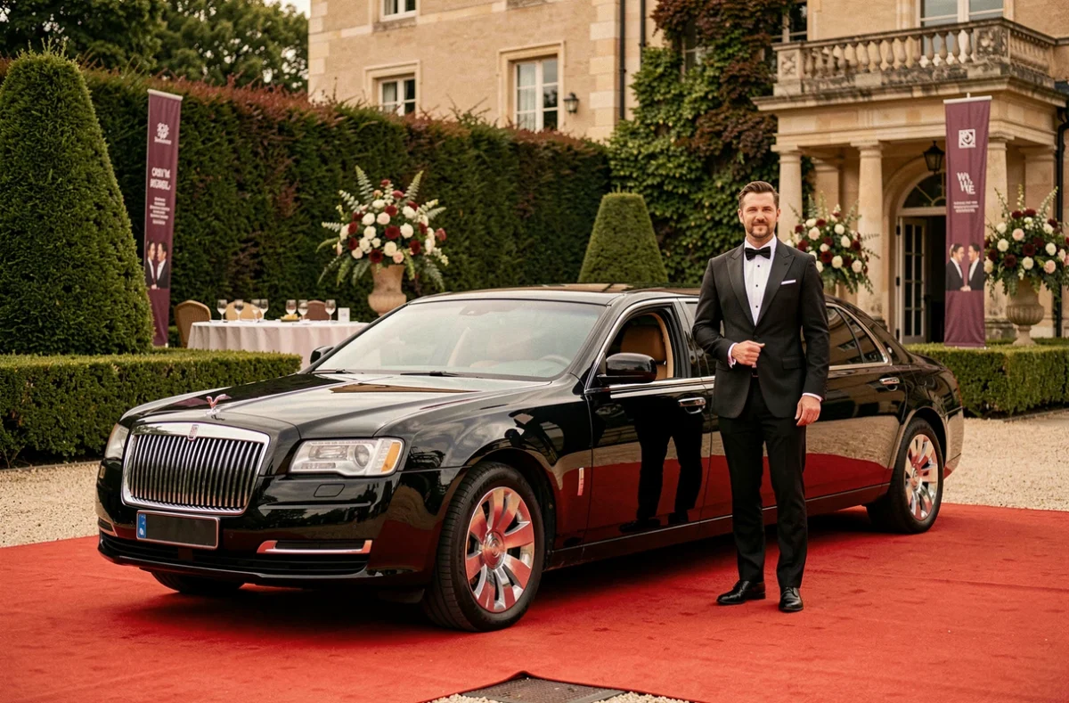 Lux'events Tours VTC avec limousine de luxe devant un lieu de réception élégant en Bourgogne