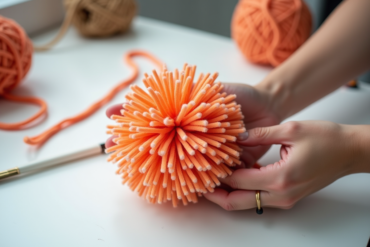 Mains créatives tissant une pompon en fil chenille lumineux