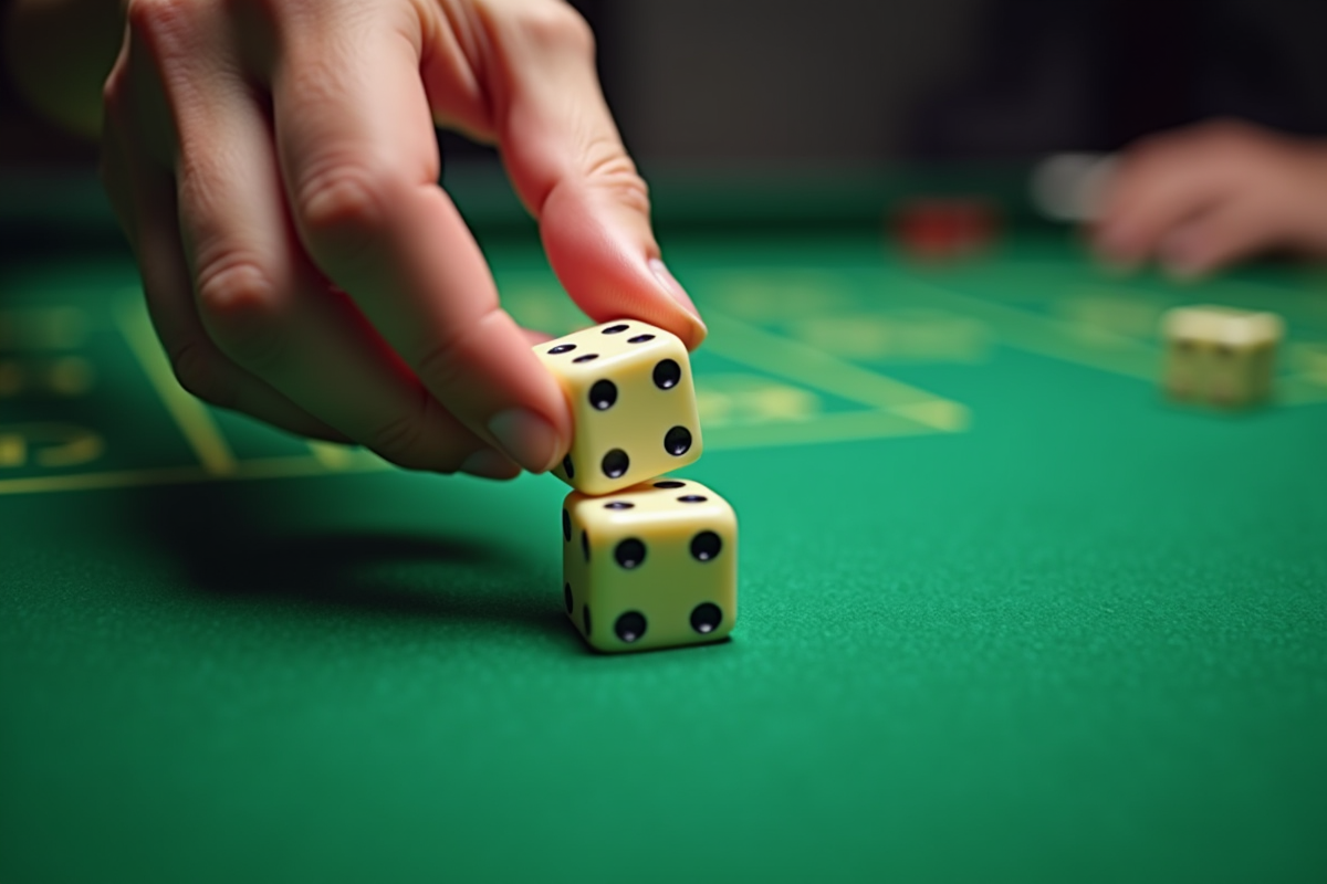 Main tenant trois dés sur une table de jeu verte