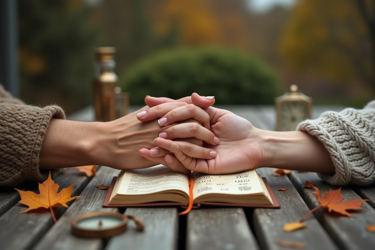 Mains enlacées d'un couple sur une table en bois entourée de feuilles d'automne et d'un carnet de notes, évoquant la synchronicité et le lien des flammes jumelles