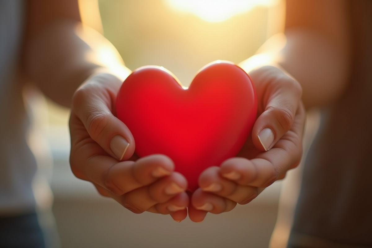 Mains tenant un coeur rouge lumineux dans une ambiance paisible