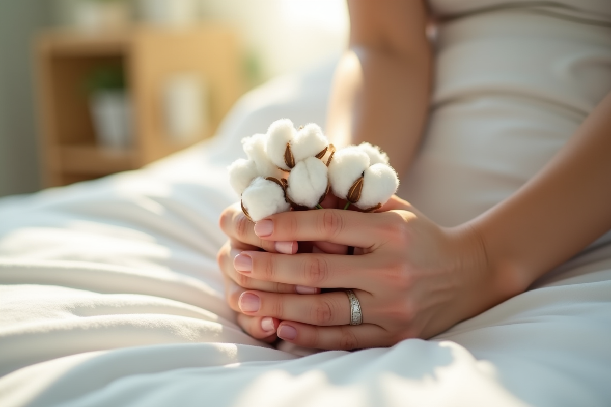 Mains tenant un petit bouquet de coton sur drap blanc