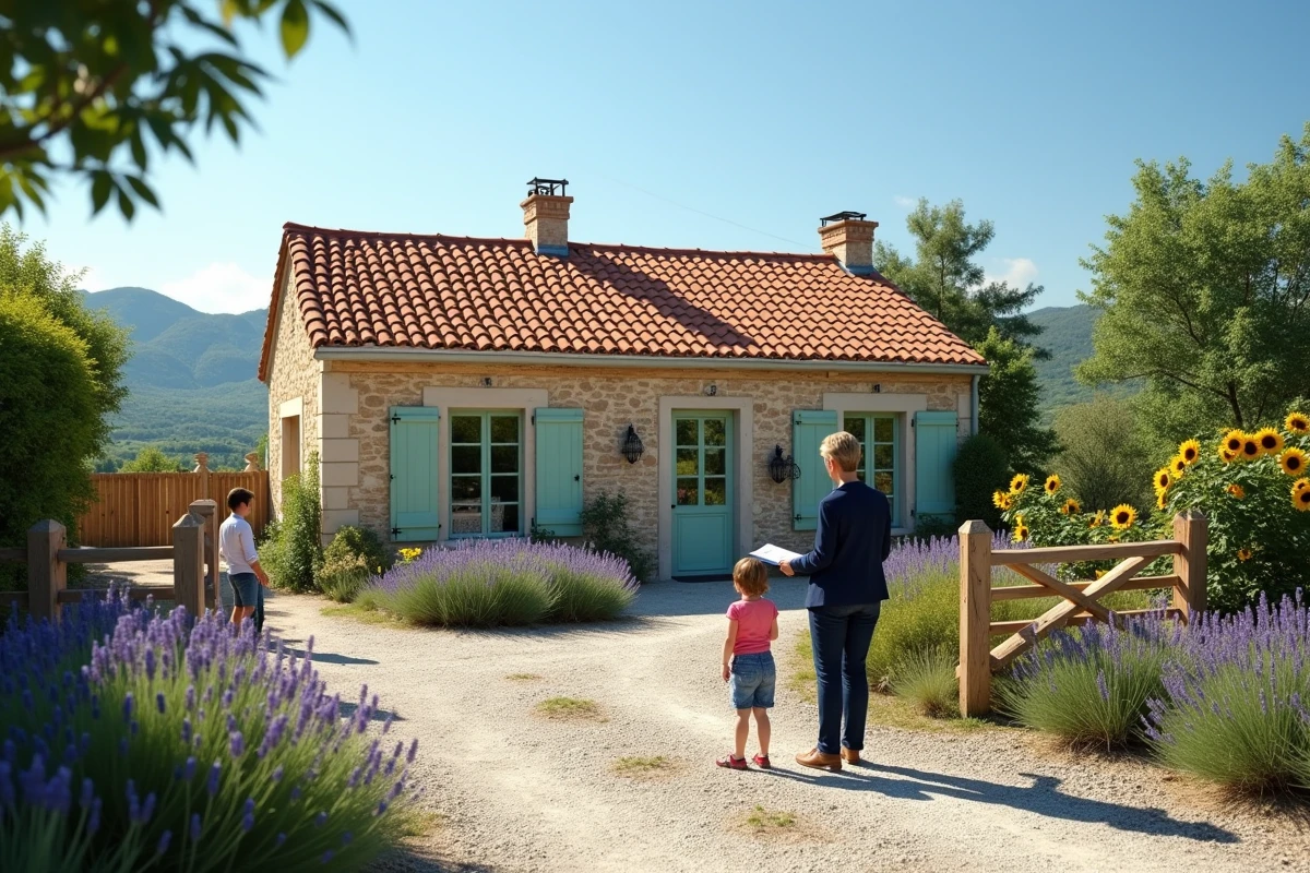 Maison de caractère en pierre avec volets verts à vendre près d'Eauze dans le Gers, agent immobilier et famille visitant la propriété