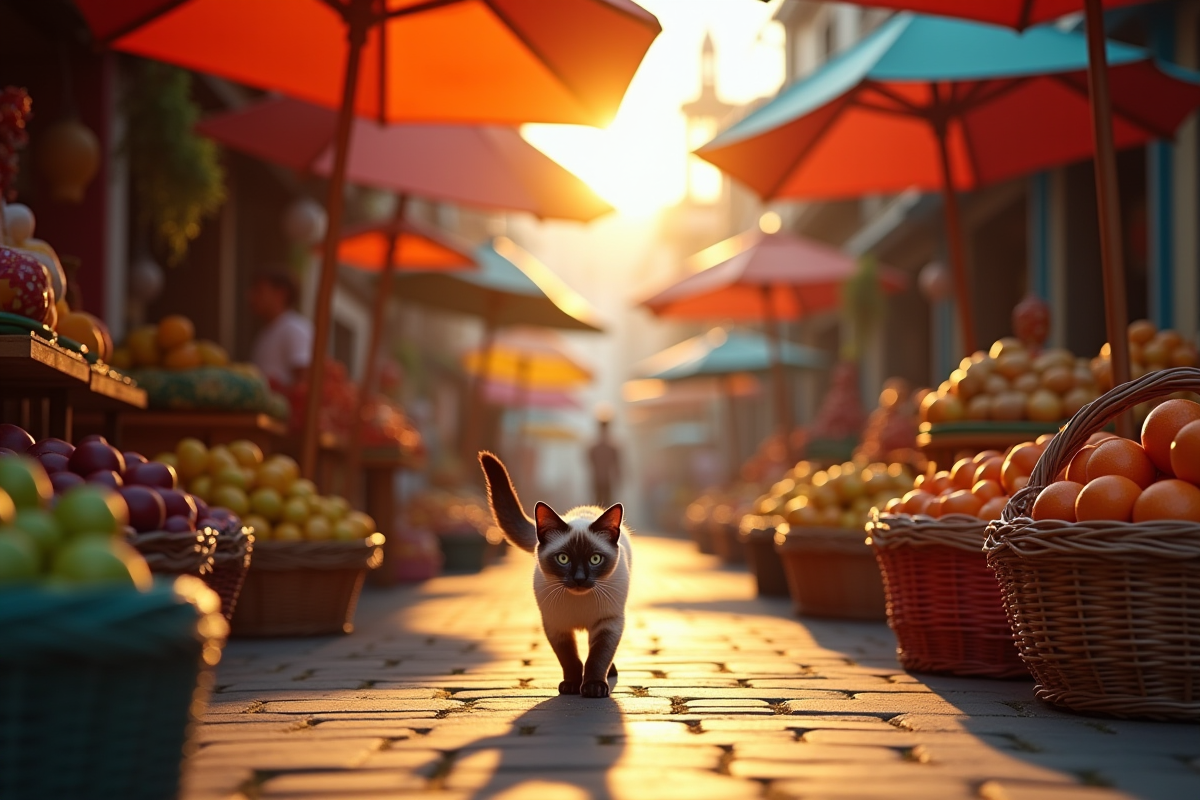Chat siamois dans un marché coloré au lever du soleil en Asie