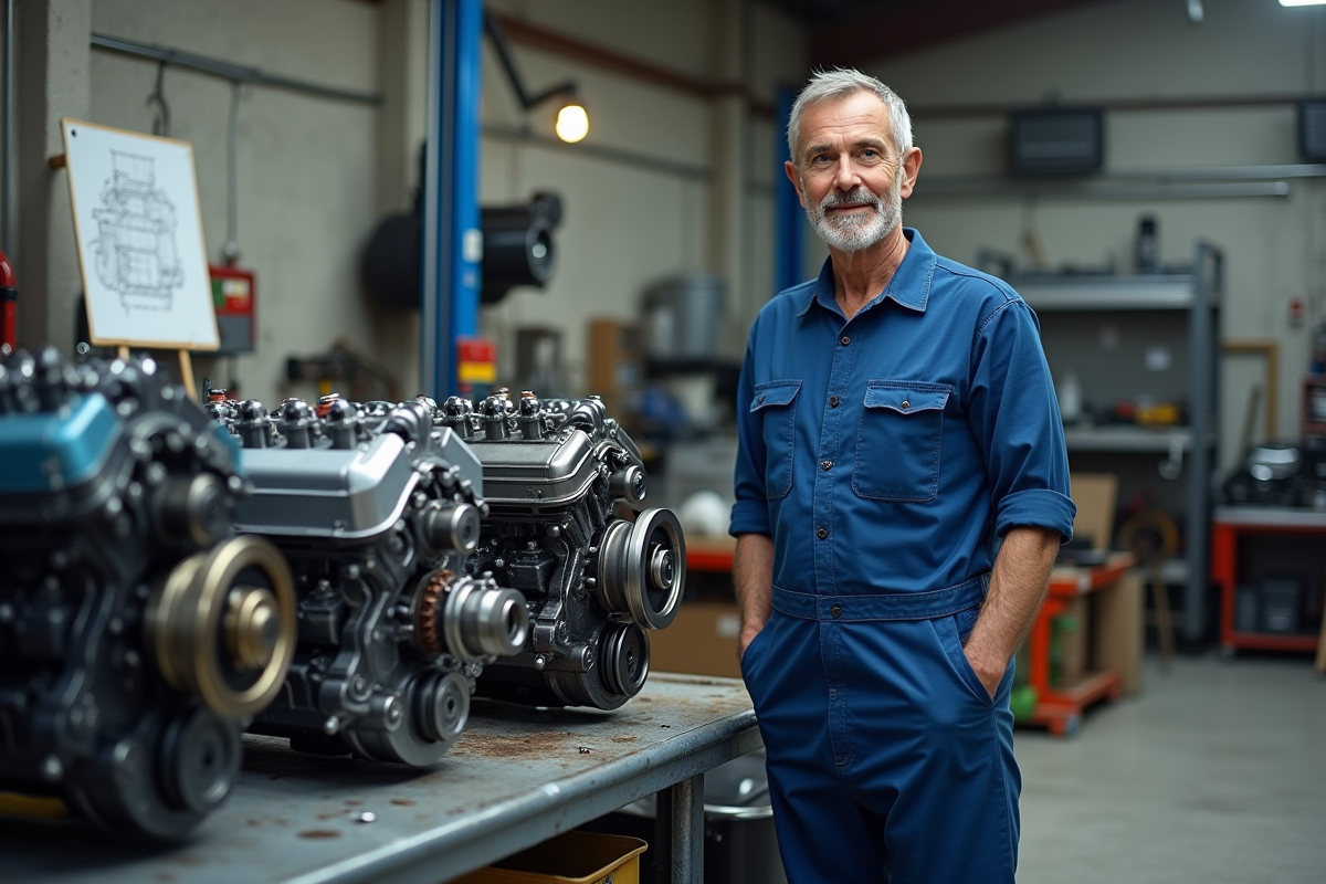 Mécanicien homme en atelier avec moteurs et outils