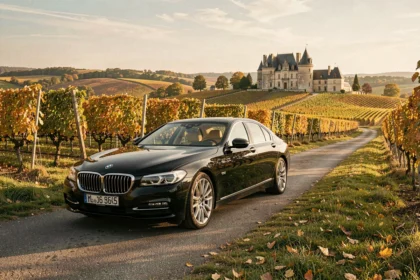 Chauffeur VTC professionnel en Bourgogne-Franche-Comté avec une berline noire de luxe sur une route de campagne viticole
