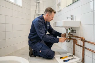 Plombier professionnel inspectant des canalisations dans une salle de bain moderne de l'Hérault