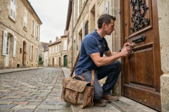 Serrurier professionnel intervenant sur une porte dans une rue pavée du Cher, illustrant le classement des meilleurs serruriers de la région