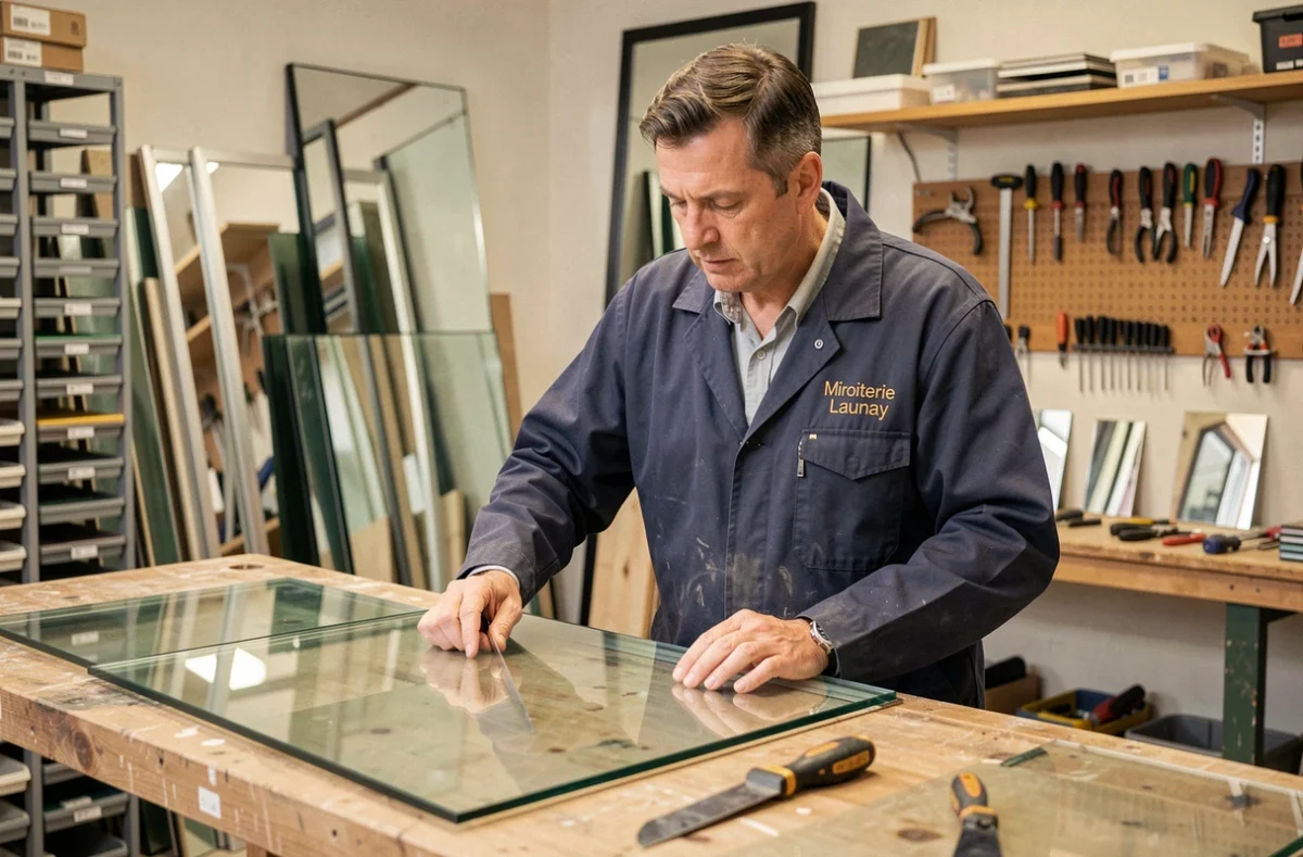 Artisan de la Miroiterie Launay mesurant une plaque de verre dans son atelier spécialisé