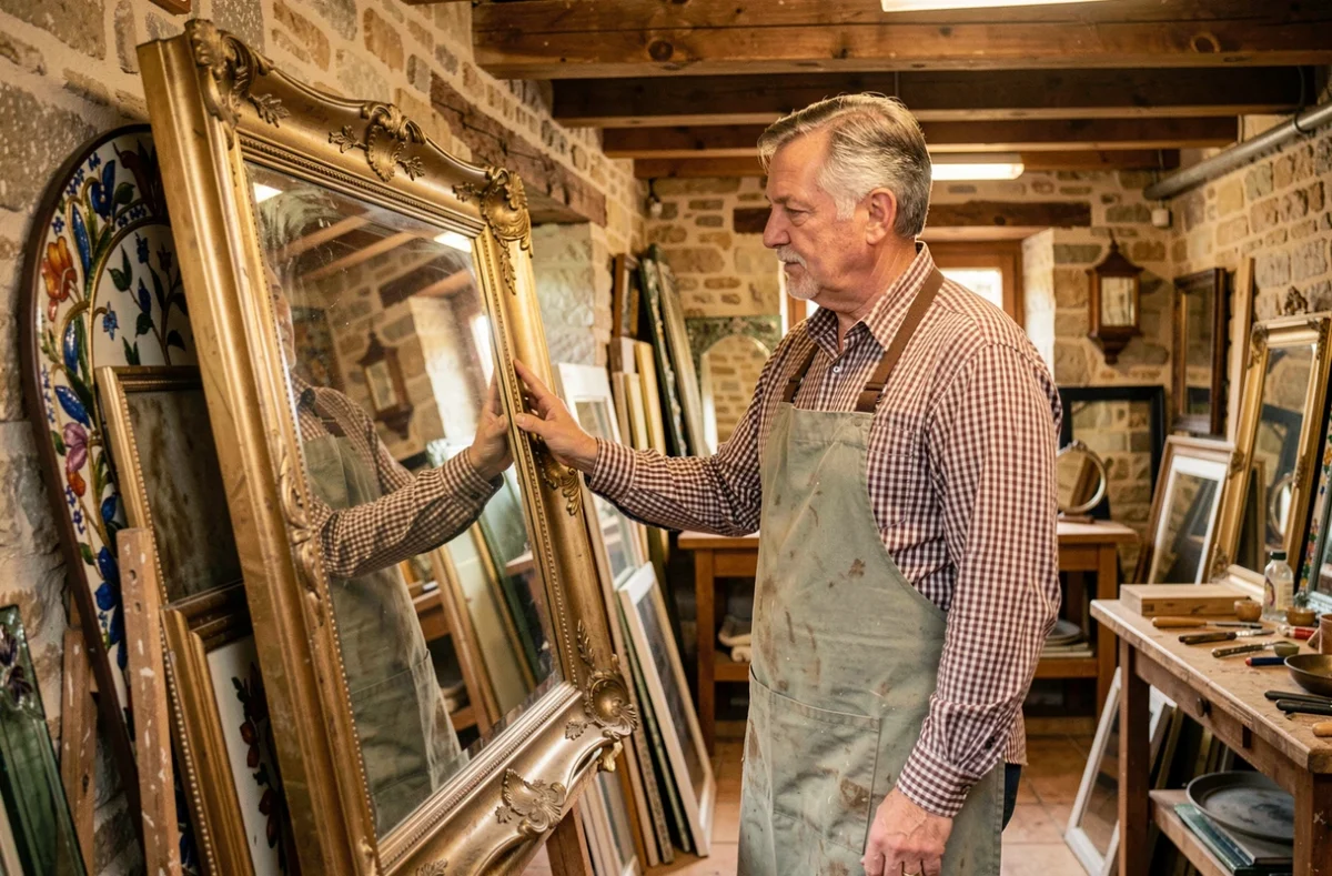 Maître vitrier du Pays d'Auge inspectant un cadre de miroir ancien dans son atelier normand