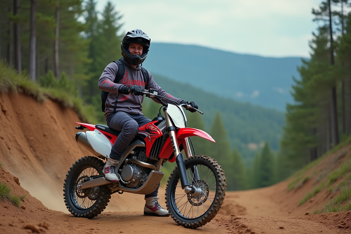 Jeune homme en motocross sur une moto en forêt