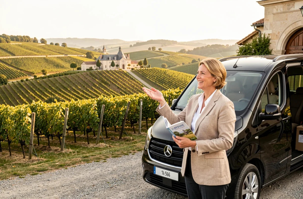My French Tour chauffeuse-guide en blazer beige devant un domaine viticole bourguignon avec minivan noir