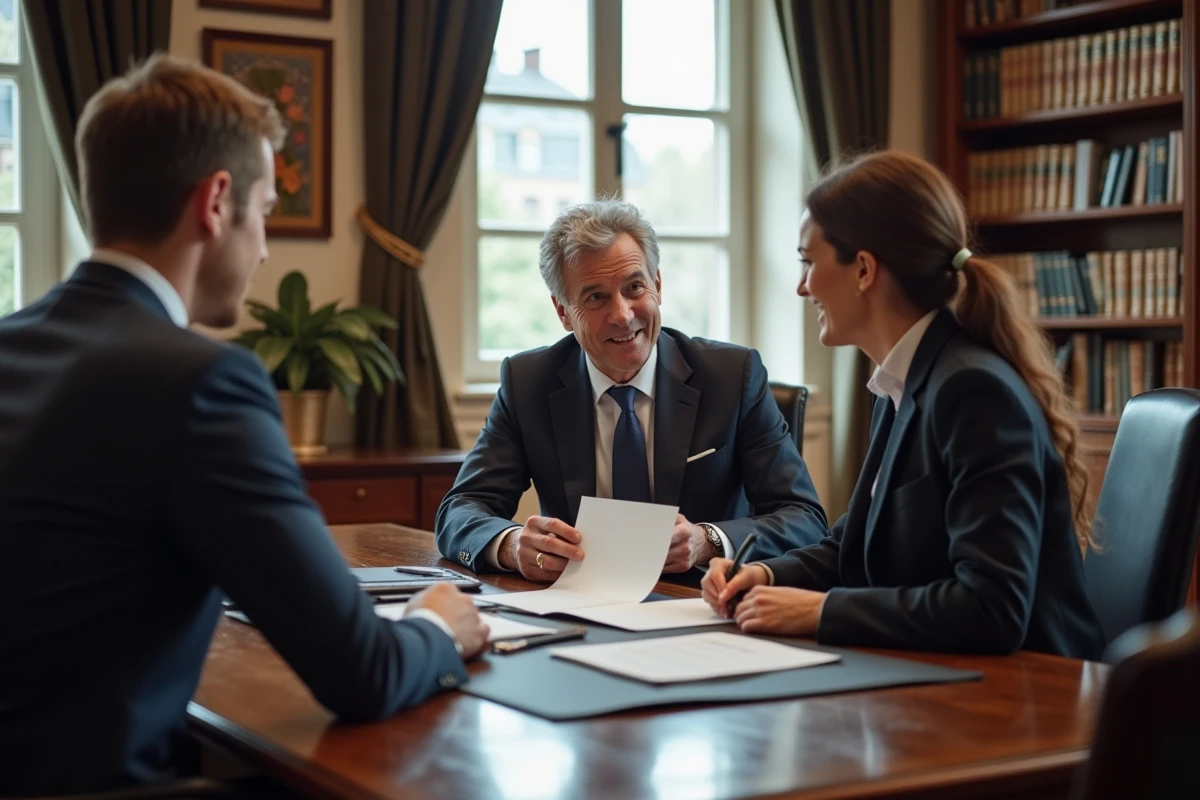 Notaire remet un document officiel à un jeune couple dans son bureau