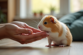 Bébé cochon d'Inde examiné par un adulte dans un salon lumineux