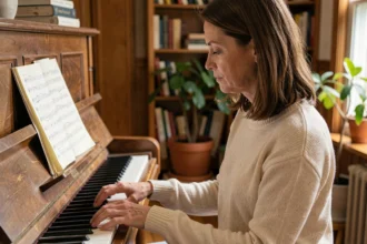 Femme jouant la partition de Let It Be au piano main droite seule, avec une feuille de notes simplifiées sur le pupitre