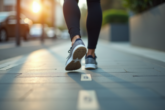 Les pieds d'une personne marchant sur un trottoir urbain avec lignes de distance