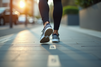 Les pieds d'une personne marchant sur un trottoir urbain avec lignes de distance