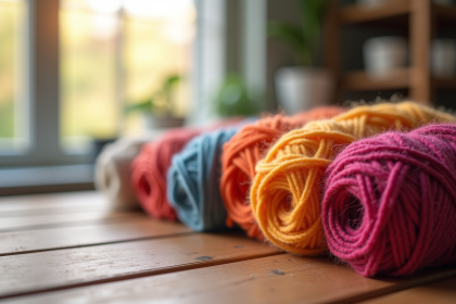Zoom sur des pelotes de fil chenille coloré sur une table en bois