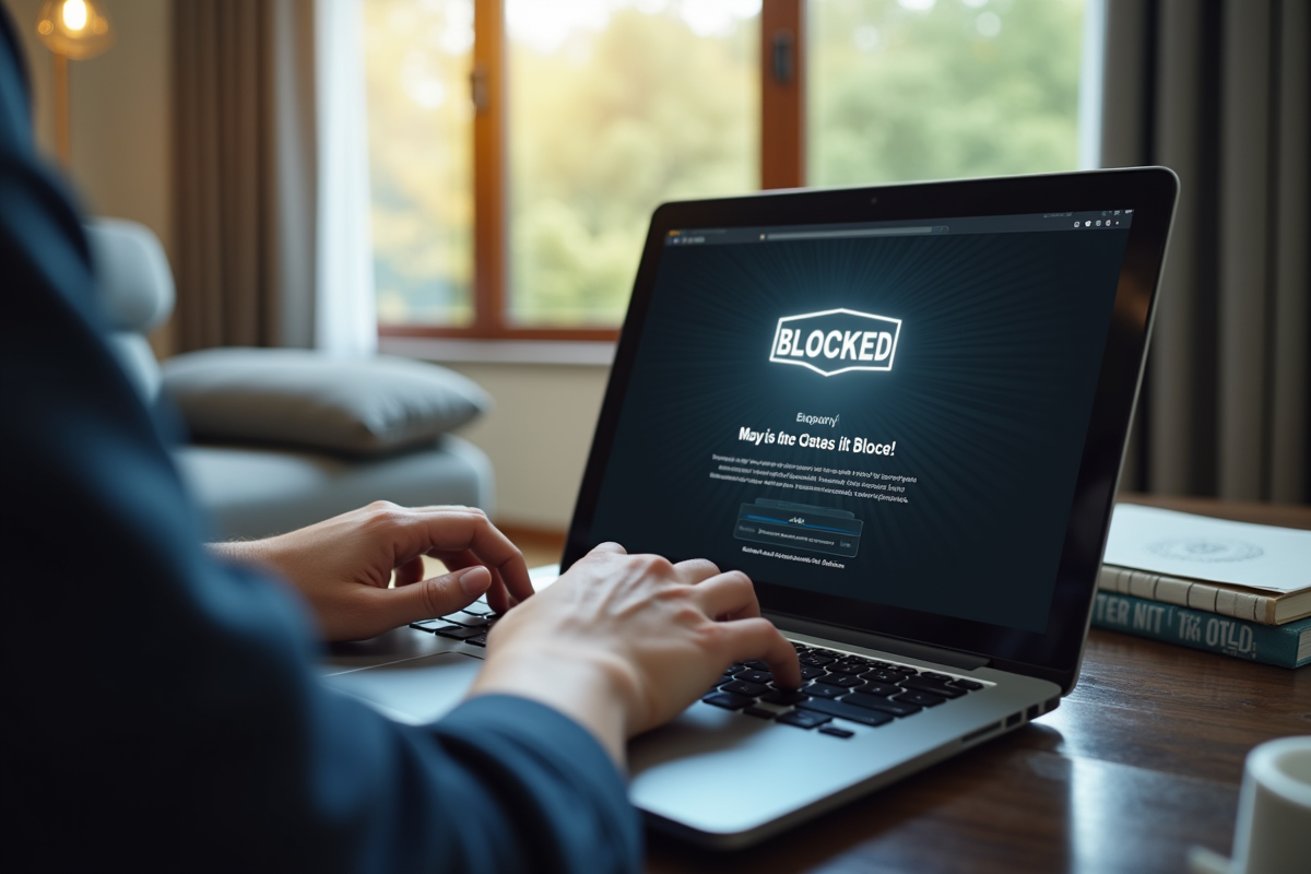 Personne naviguant sur un ordinateur portable avec message de site bloqué