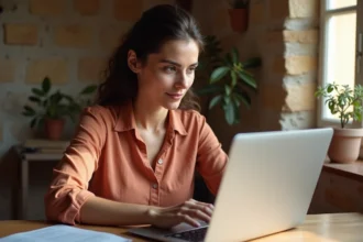 Femme corse personnalisant ses flux d'actualités sur un ordinateur portable dans un bureau à la décoration traditionnelle