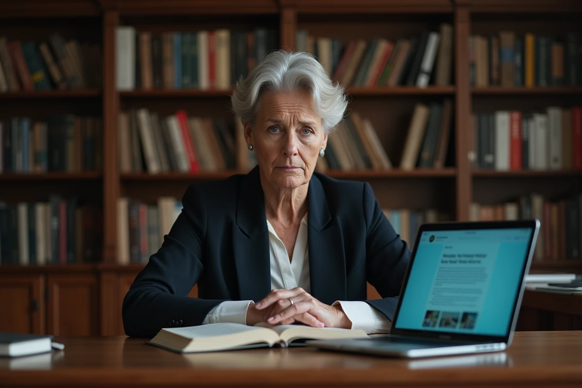 Femme philosophe réfléchissant à la cancel culture dans une bibliothèque entourée de livres de philosophie politique
