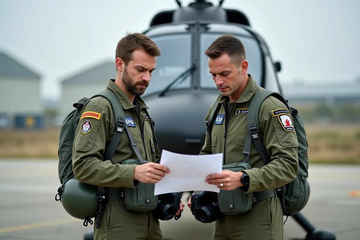 Deux pilotes d'hélicoptères militaires consultant la réglementation aéronautique sur une base aérienne