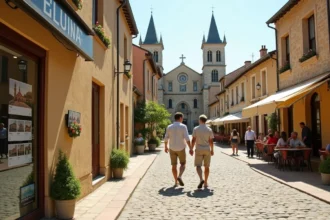 Couple se promenant sur la place historique d'Eauze dans le Gers devant une agence immobilière, architecture en pierre typique du Sud-Ouest